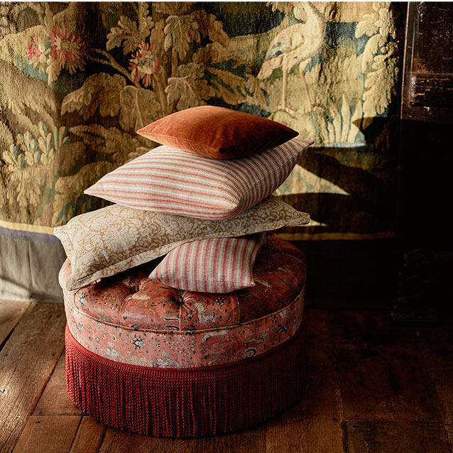 Burford Buttoned Footstool in 6 V&A Threads of India Opulent Velvets Lahore Dynasty Flame with Scatters in Exclusive fabrics